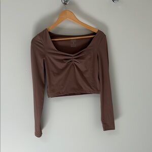 Brown Ruched Crop Blouse with Long Sleeves